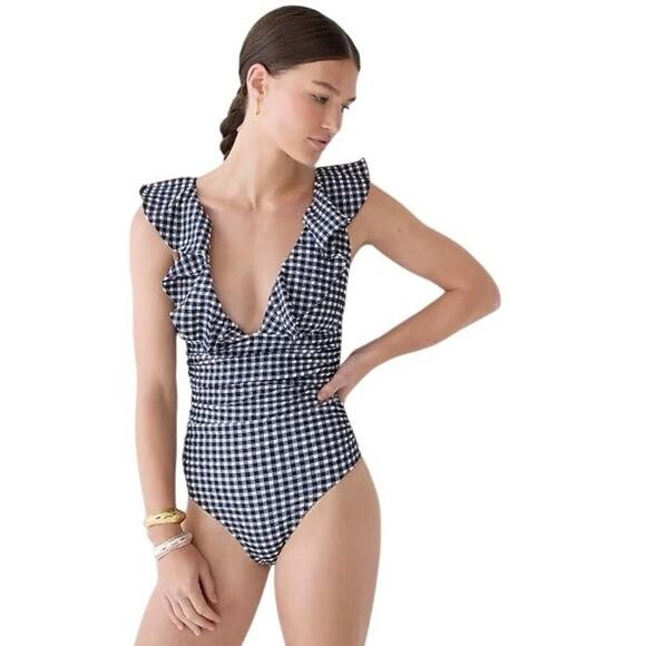 NWT J.Crew Gingham Ruched Ruffle One-Piece Swimsuit Womens Size 12 Blue White - Picture 1 of 12